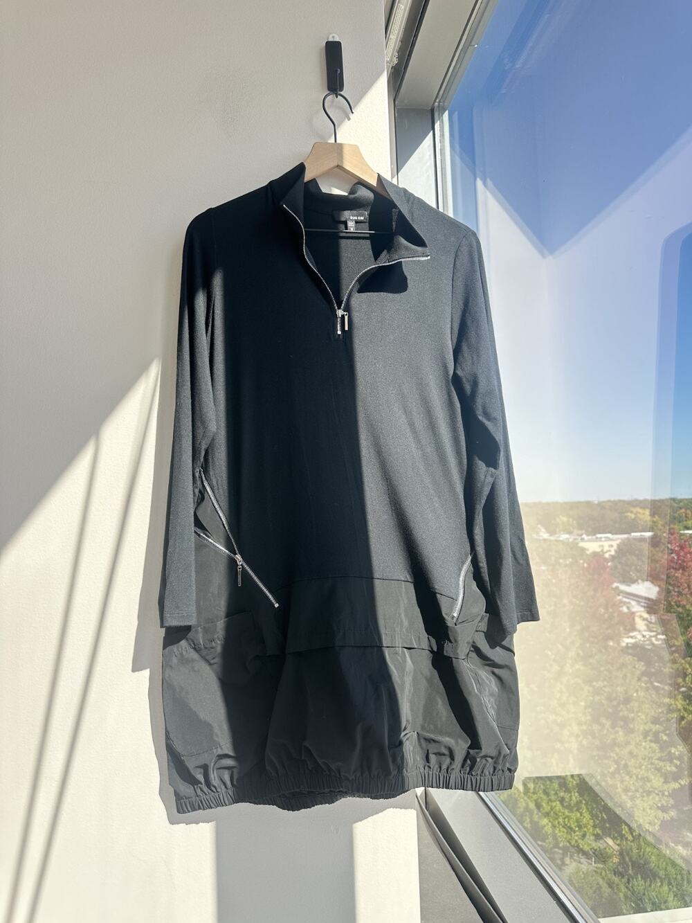 Sun Kim Black Long Sleeve Half-zip Bubble Hem Minimalist Tunic Dress Sz M